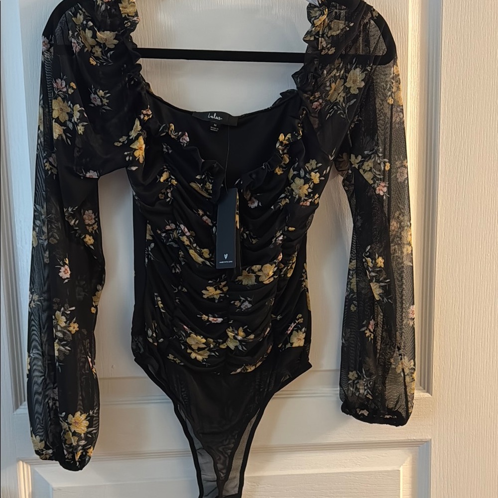 Chic Black Floral Bodysuit Top